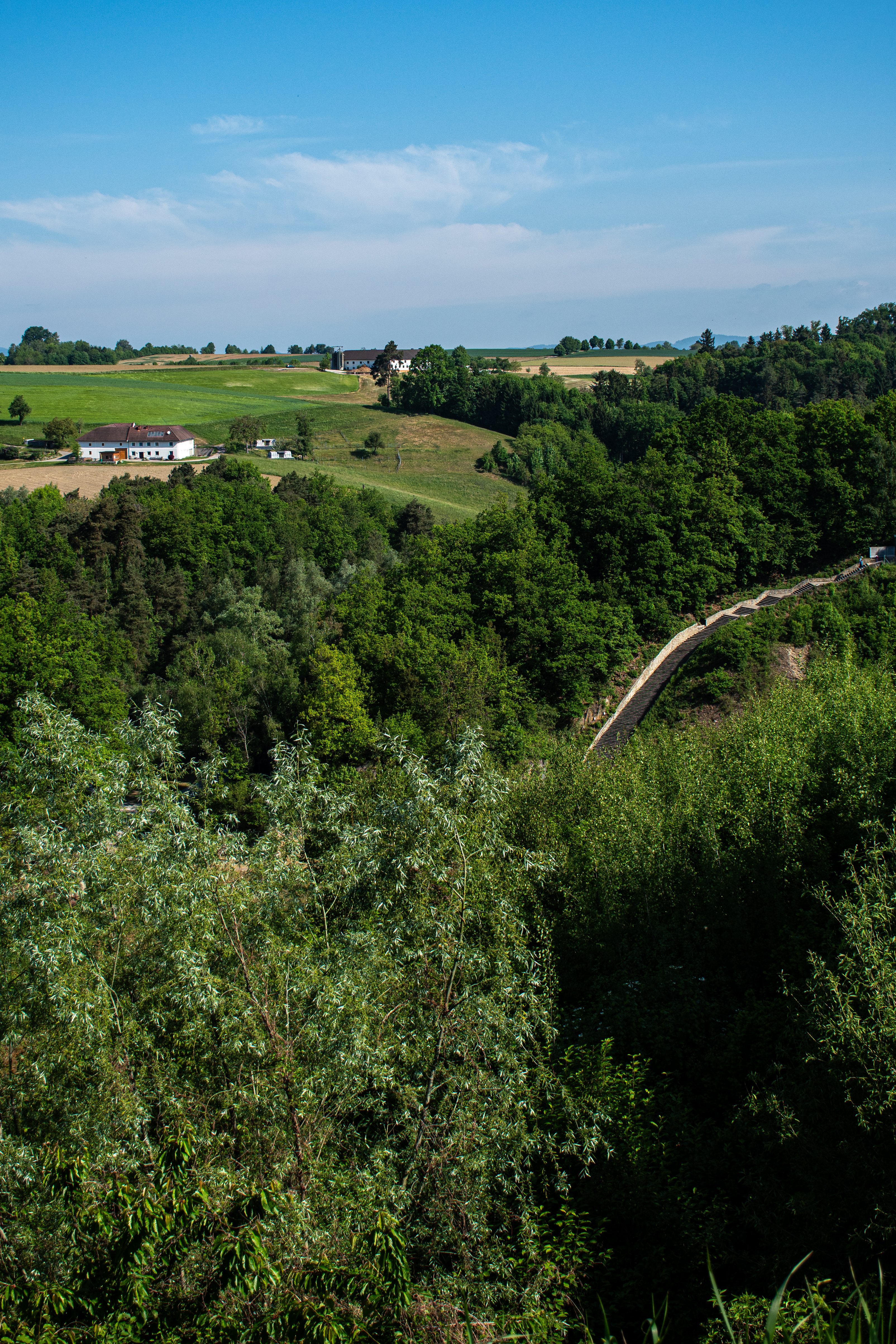 View from quarry edge toward Gusenbauer farmhouse with Stairs of Death visible at right