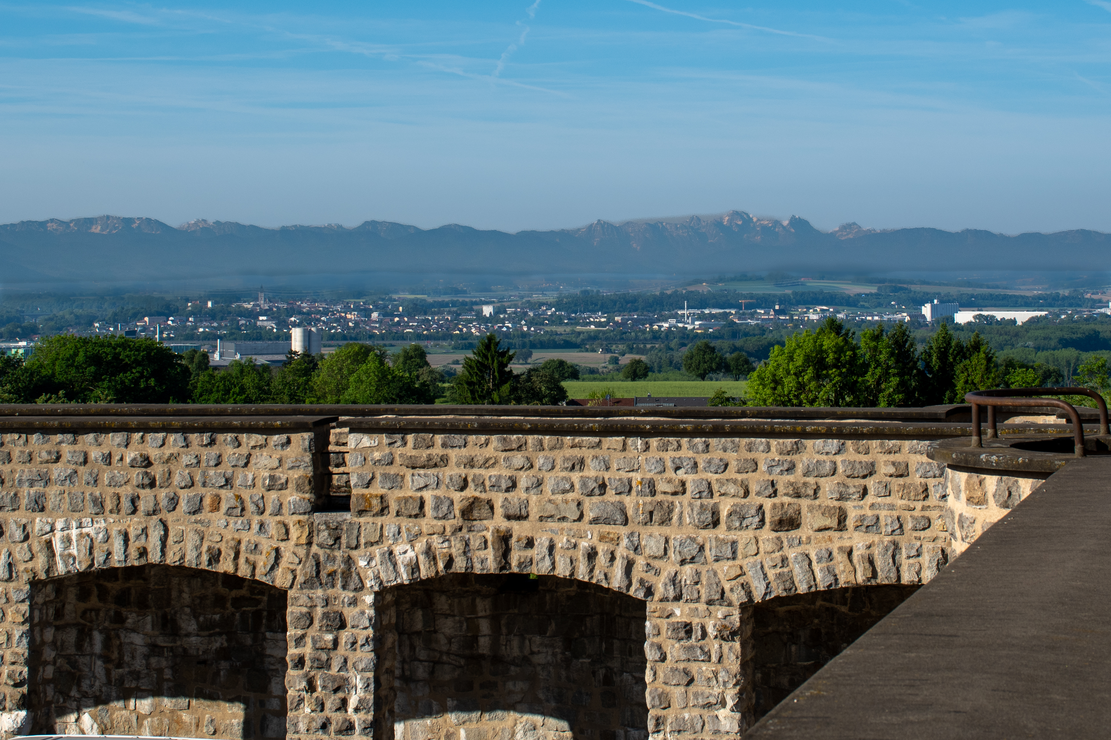 View of the Austrian Alps visible from inside the Mauthausen camp walls