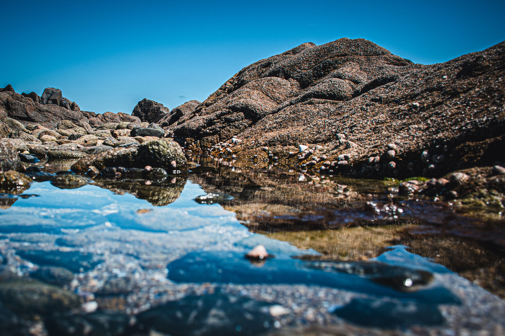 Tidal rock pool reflecting the sky, rocks and sea beyond