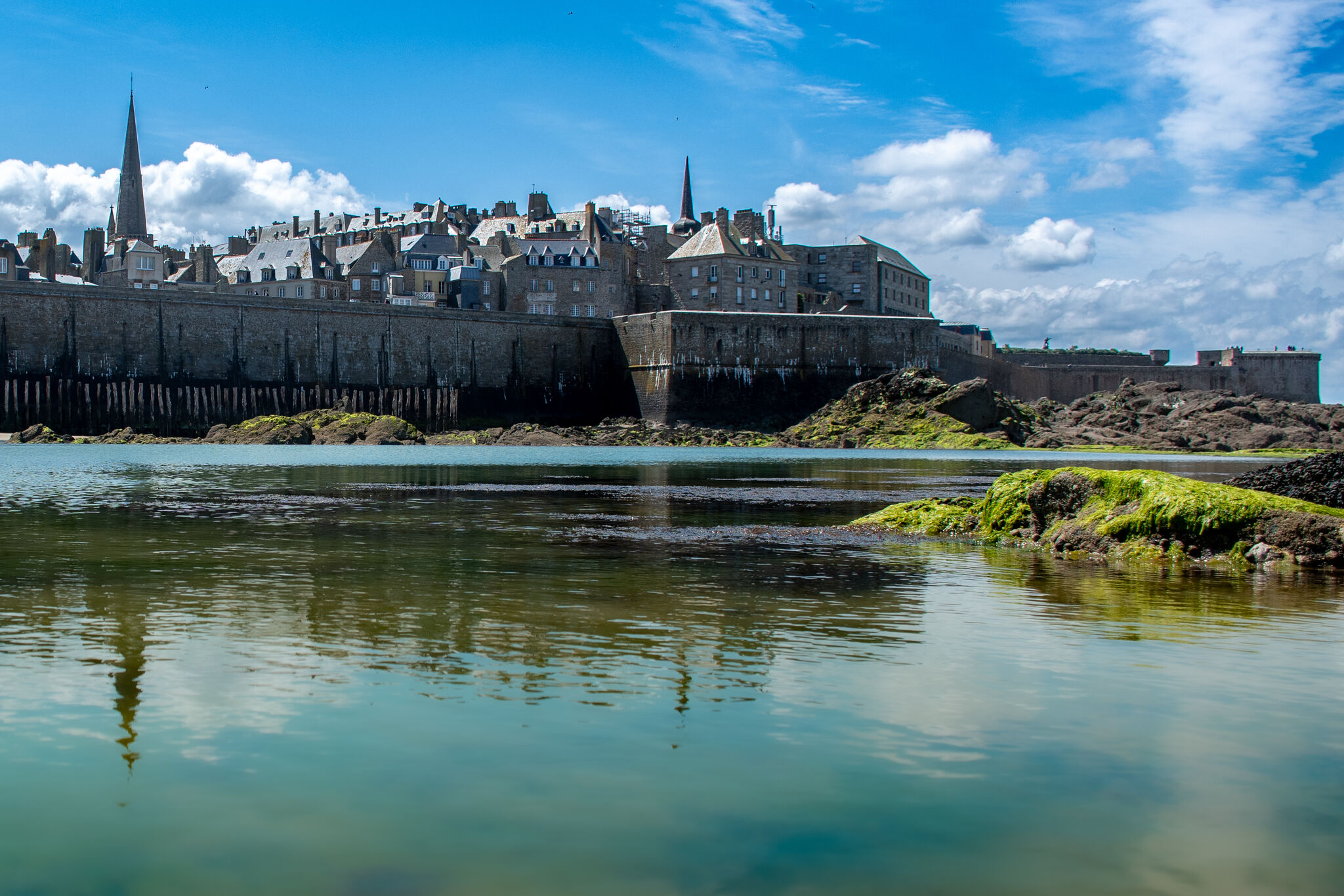 The walled city of Saint-Malo with the cathedral spire reflected in a tidal pool, green rocks in the foreground
